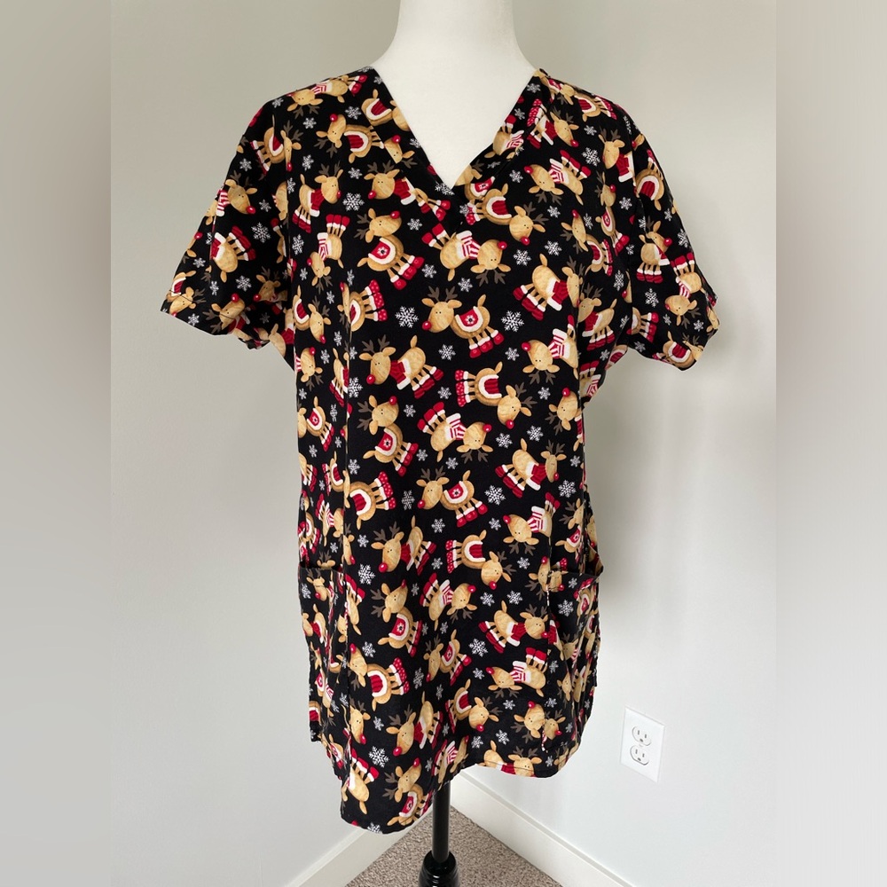 White Cross Reindeer Festive Holiday Theme Scrub Top - Size Medium - Black